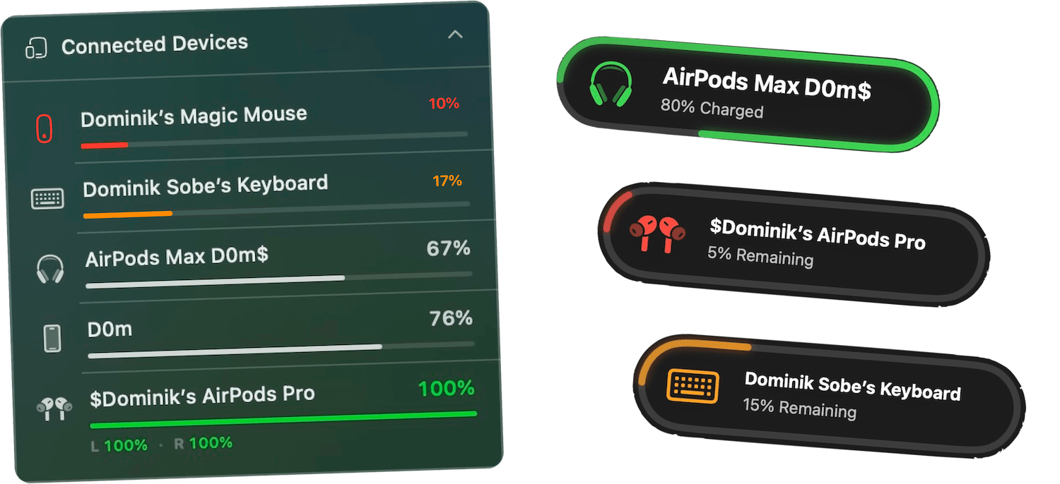 Juicy Now Display showing all connected devices and their battery levels
