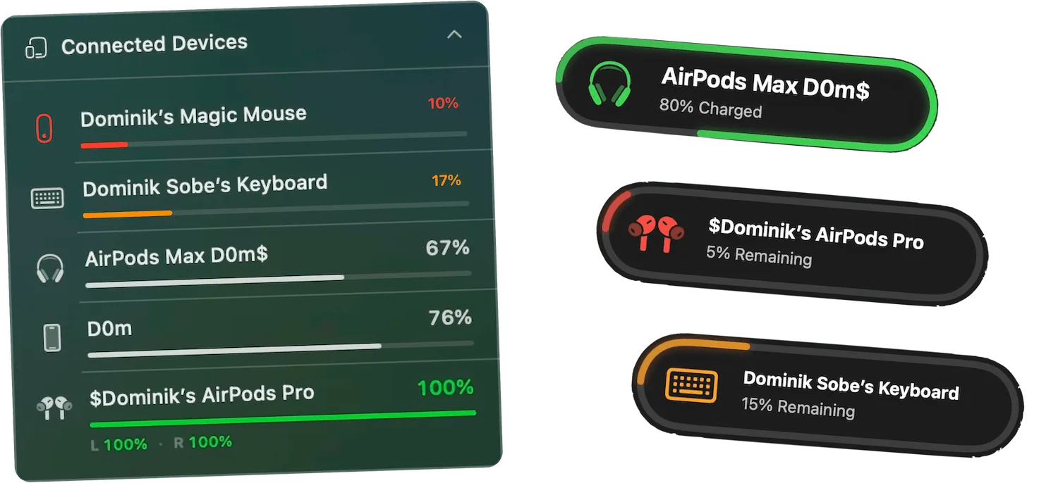 Juicy Now Display showing all connected devices and their battery levels