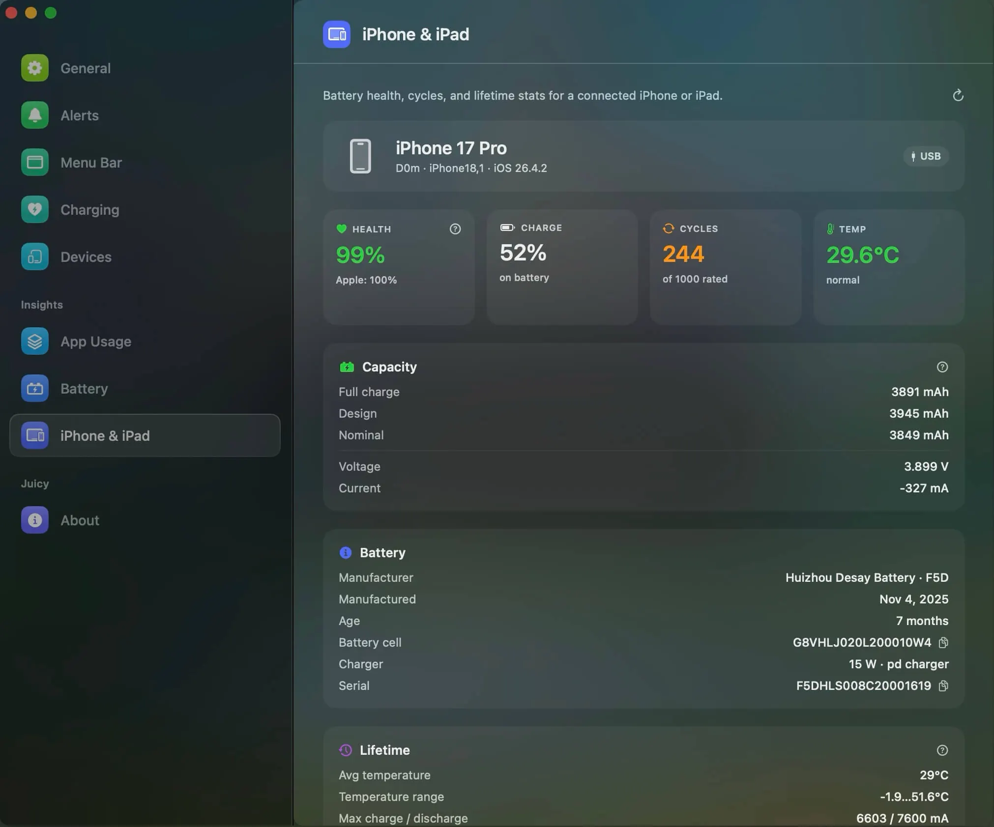 iPhone and iPad battery health inside Juicy