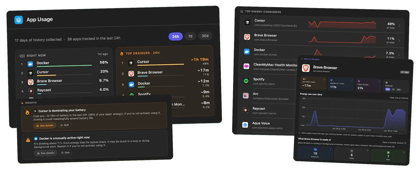 Per-app energy use and battery insights